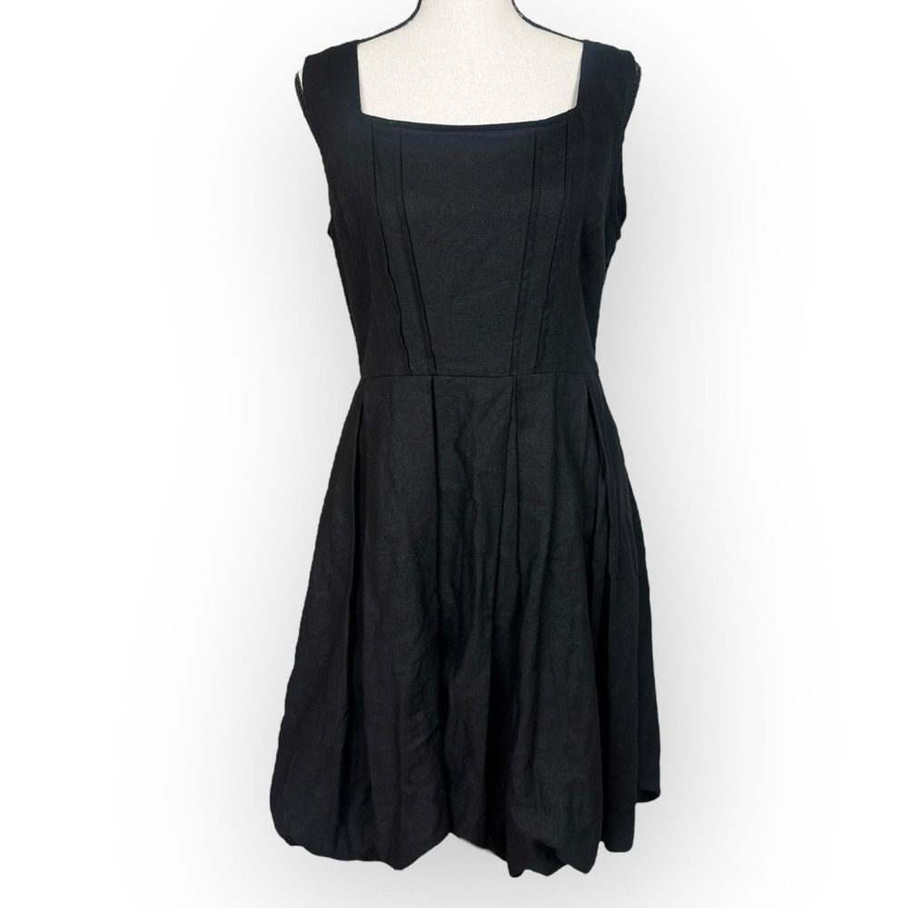 Cynthia Rowley Black Linen Blend Bubble Hem Dress Square Neck Fit Flare Small‎ - Picture 2 of 11
